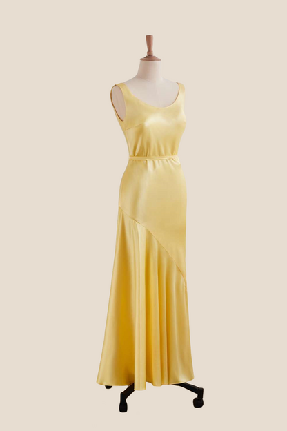 Straps Yellow Open Back Long Dress with Belt