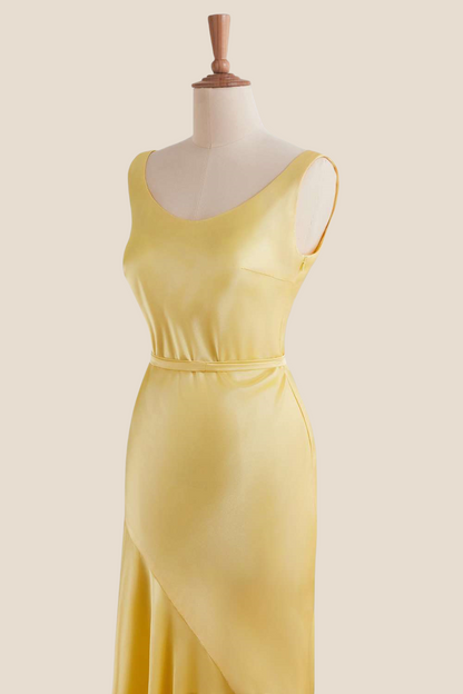 Straps Yellow Open Back Long Dress with Belt