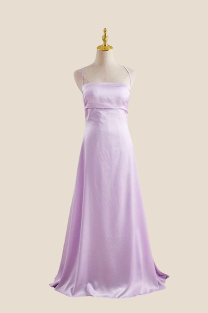 Straps Lavender Ruched A-line Satin Long Dress