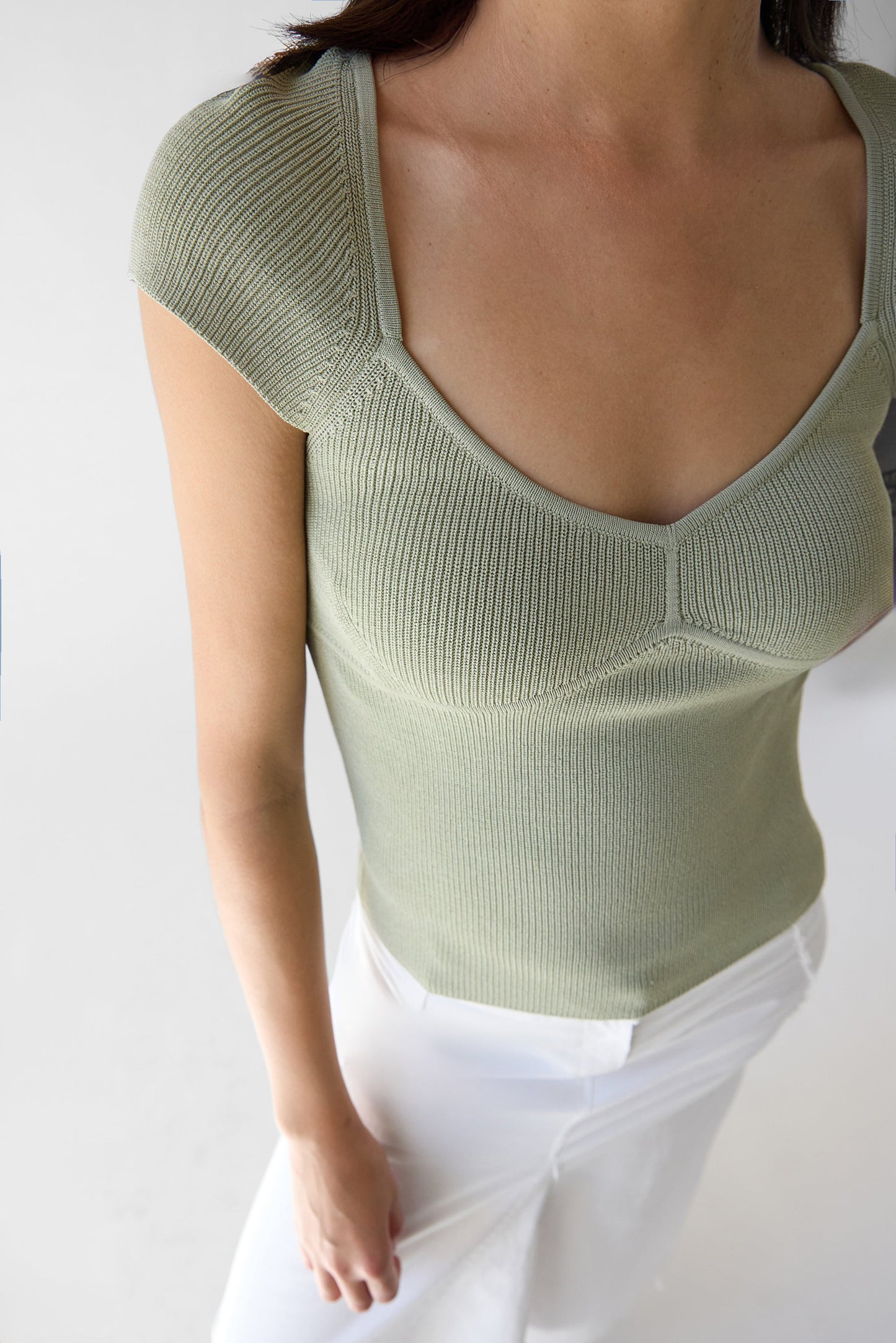 RIBBED CAP SLEEVE SHORT SLEEVE SWEATER