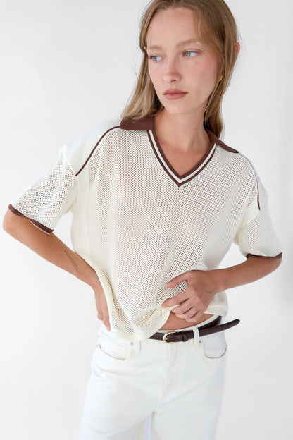 V-NECK MESH CROCHET POLO
