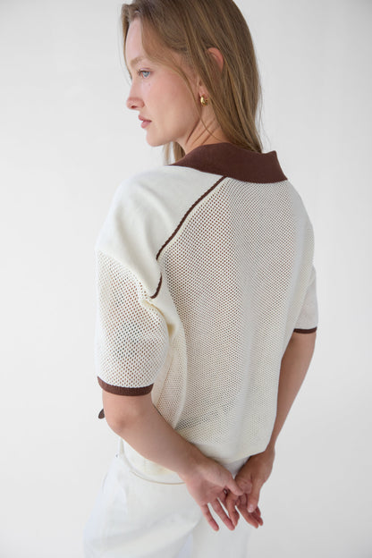 V-NECK MESH CROCHET POLO