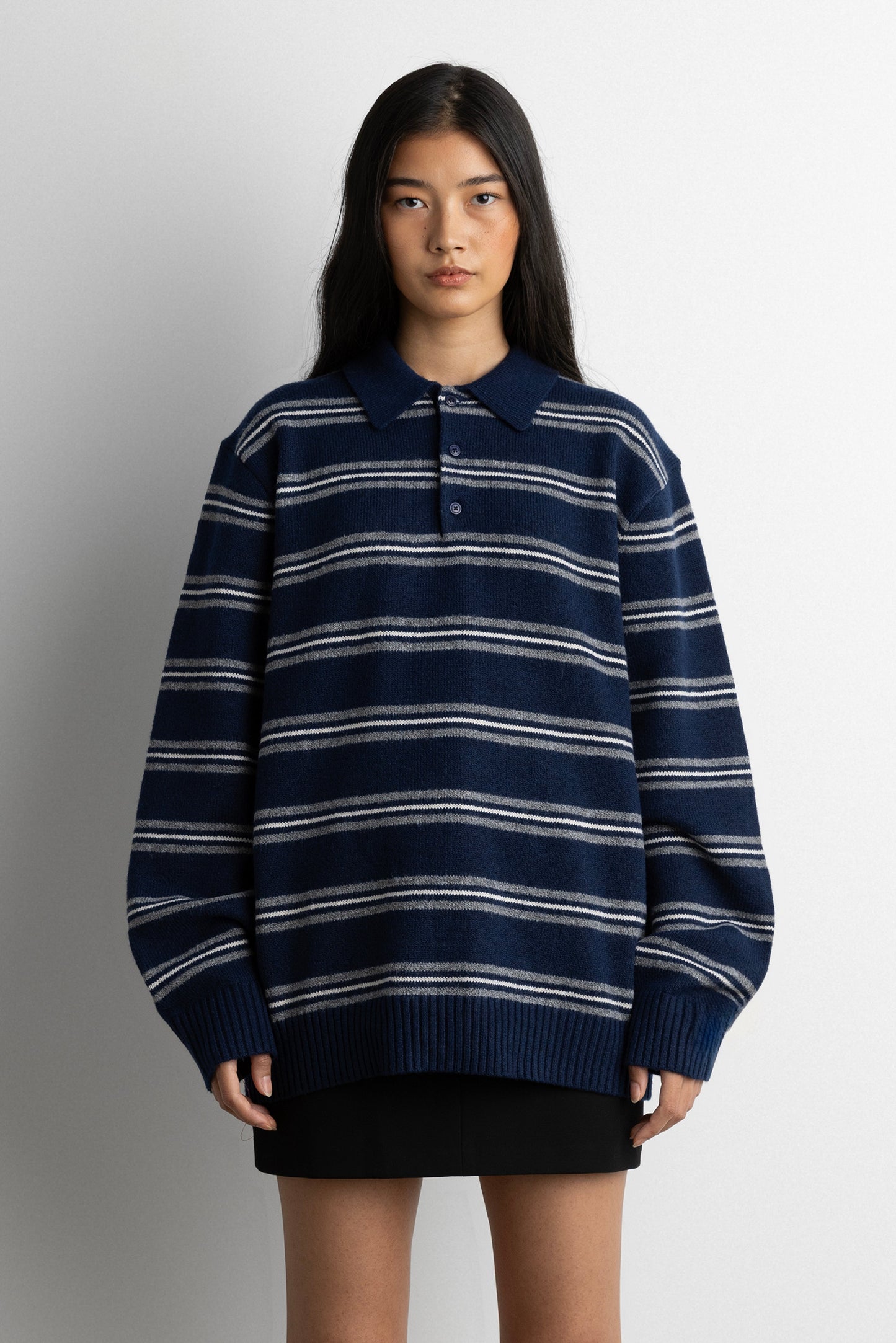 STRIPED LONG SLEEVE POLO SWEATER