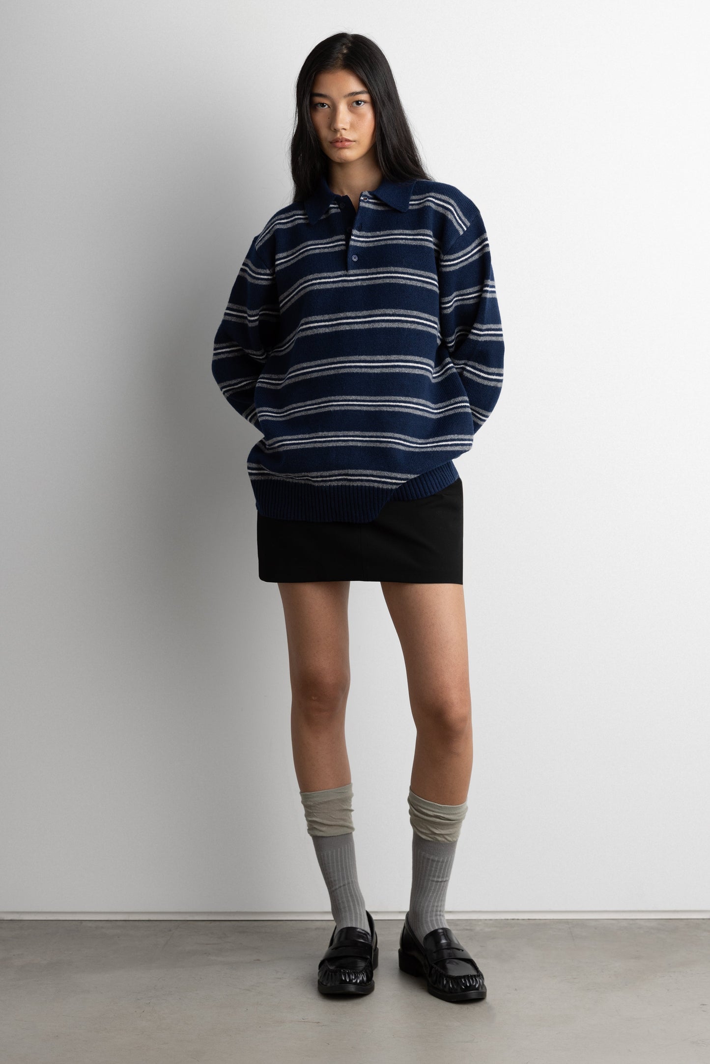 STRIPED LONG SLEEVE POLO SWEATER