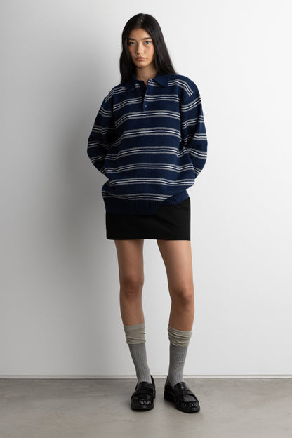 STRIPED LONG SLEEVE POLO SWEATER
