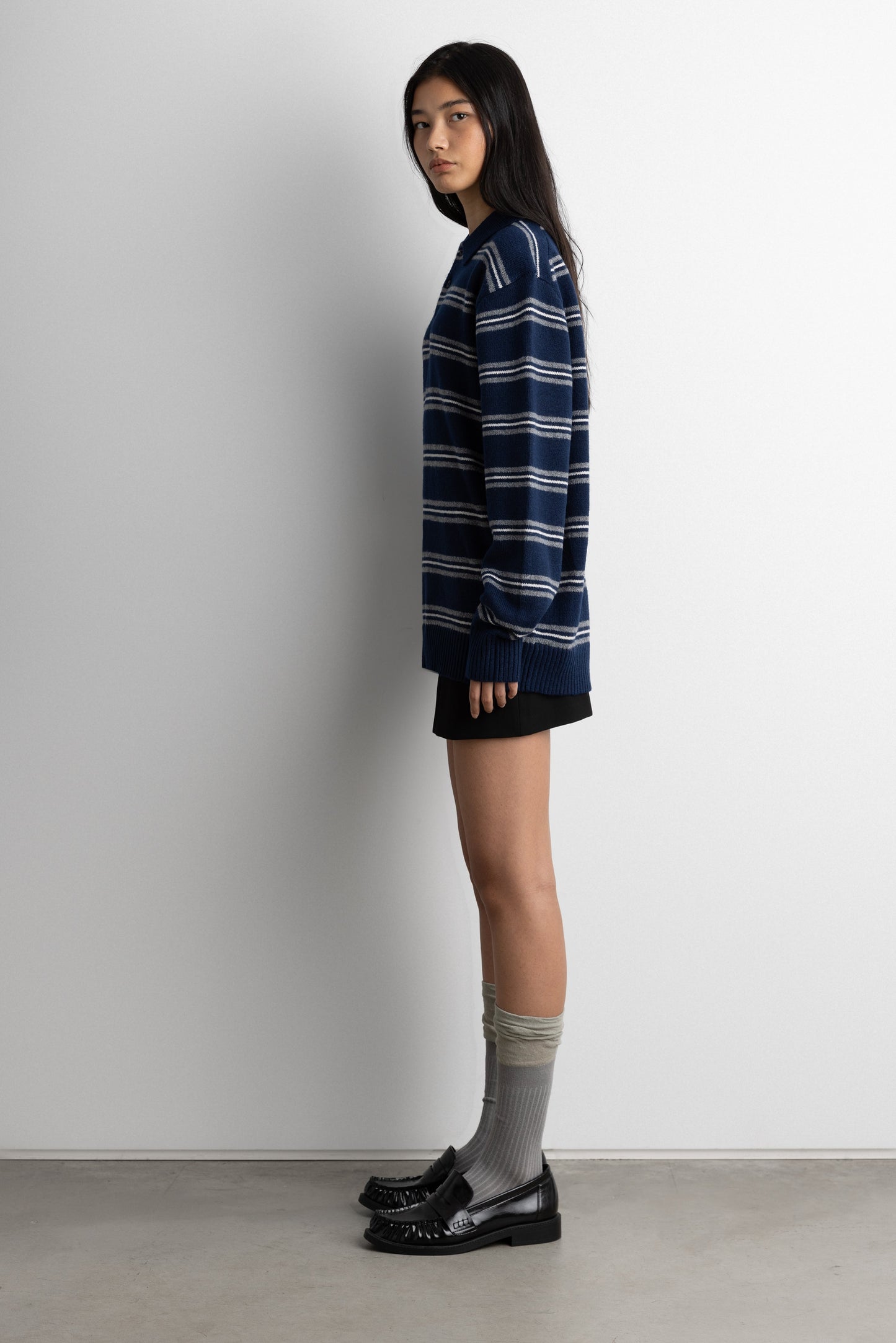 STRIPED LONG SLEEVE POLO SWEATER