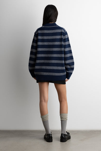 STRIPED LONG SLEEVE POLO SWEATER