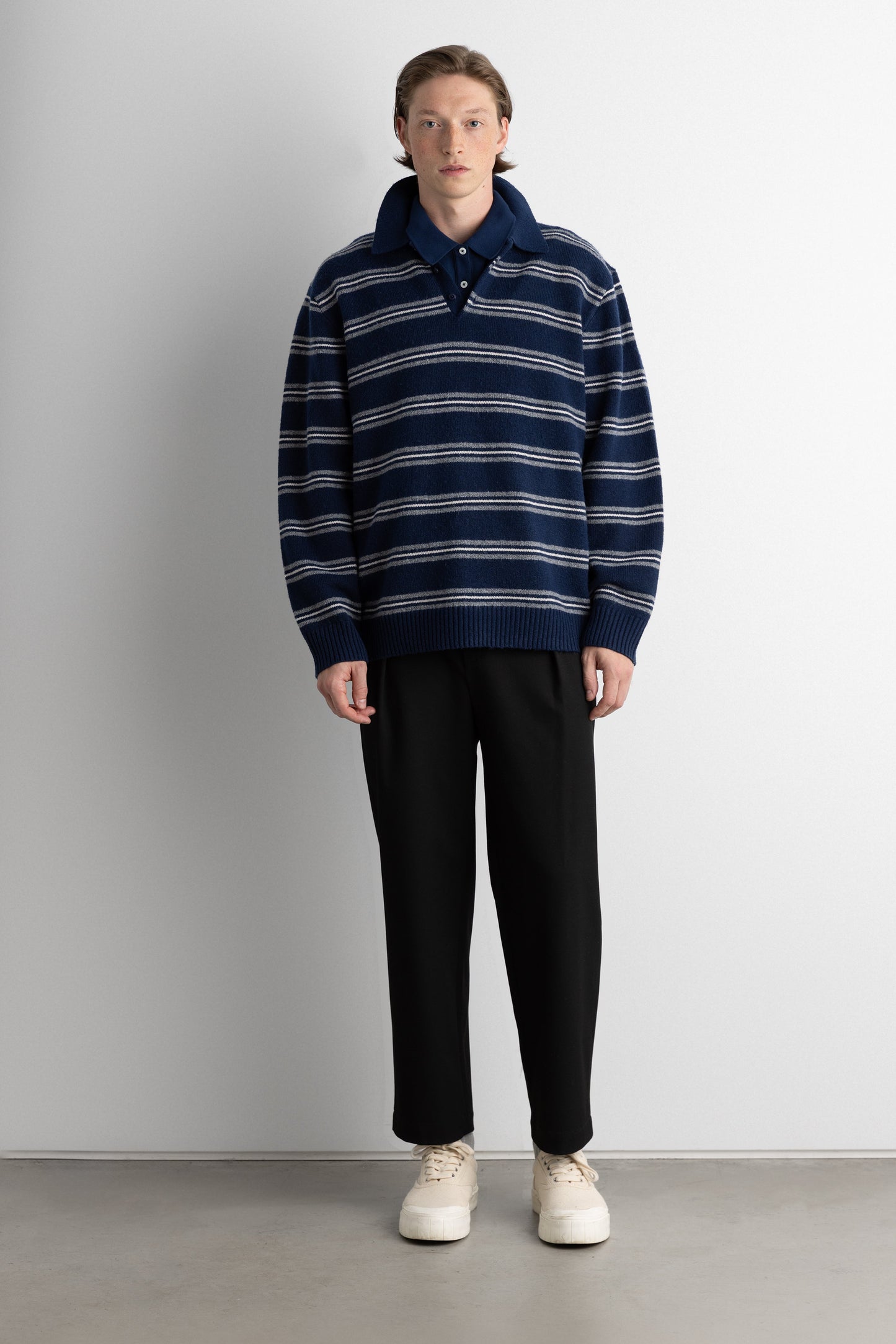 STRIPED LONG SLEEVE POLO SWEATER