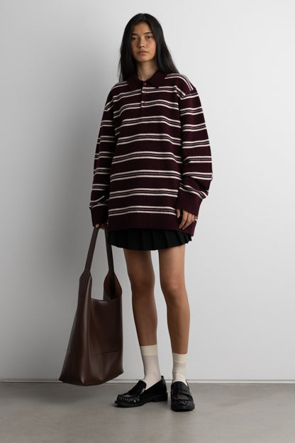 STRIPED LONG SLEEVE POLO SWEATER