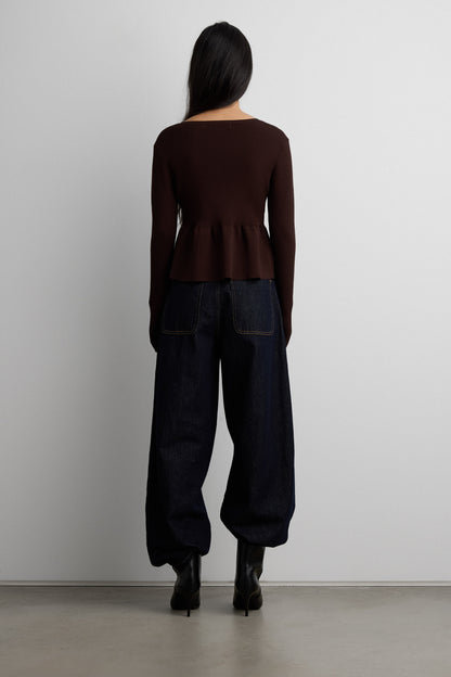 RIBBED TIE FRONT PEPLUM SWEATER