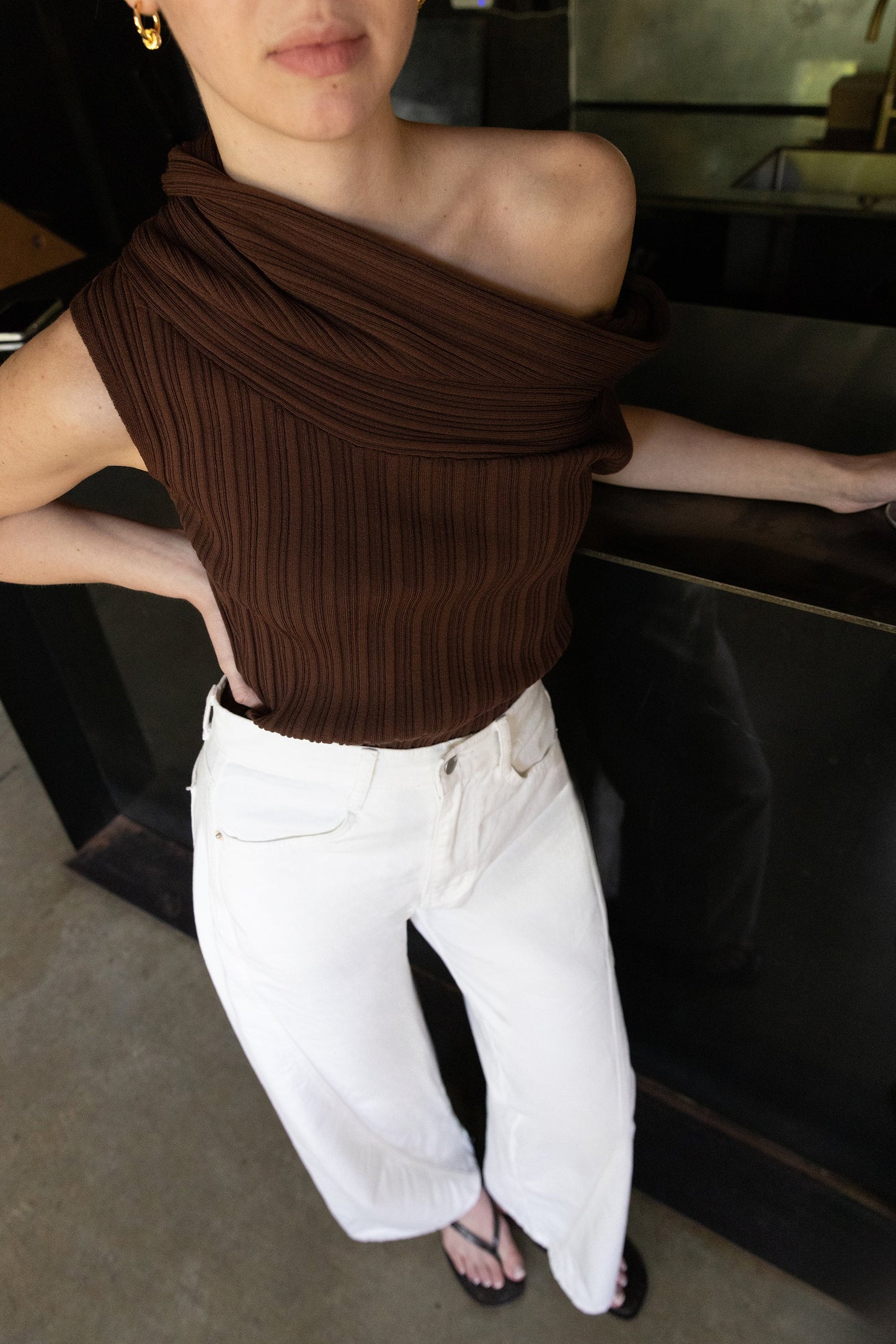 SHORT SLEEVE OFF THE SHOULDER KNIT SWEATER