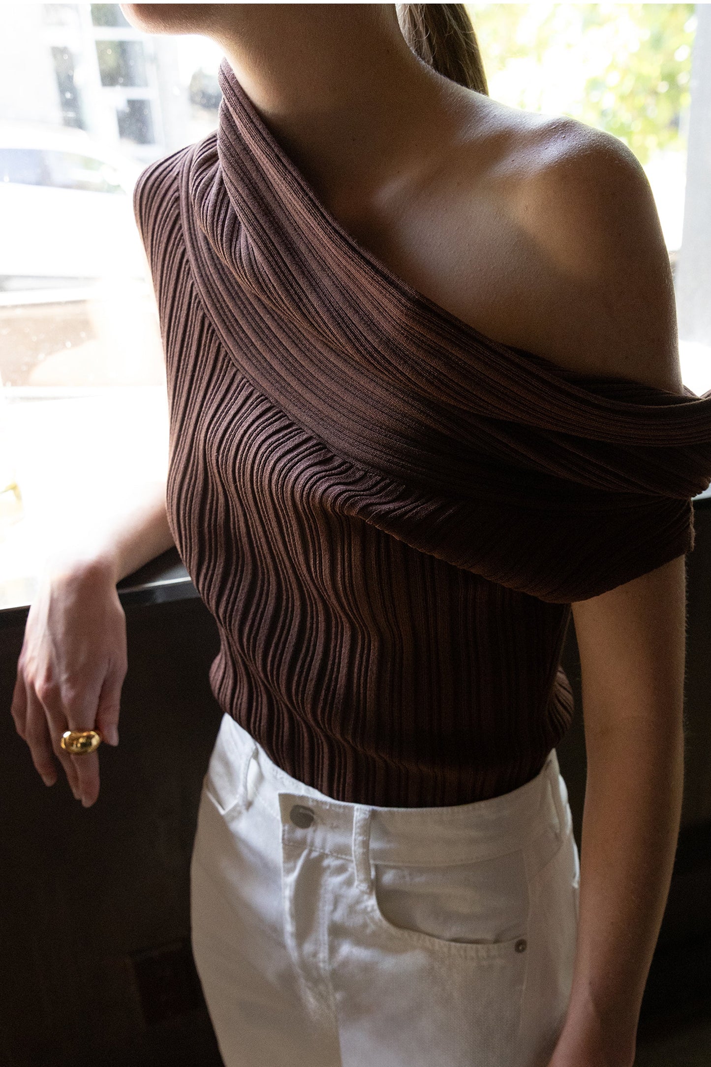 SHORT SLEEVE OFF THE SHOULDER KNIT SWEATER