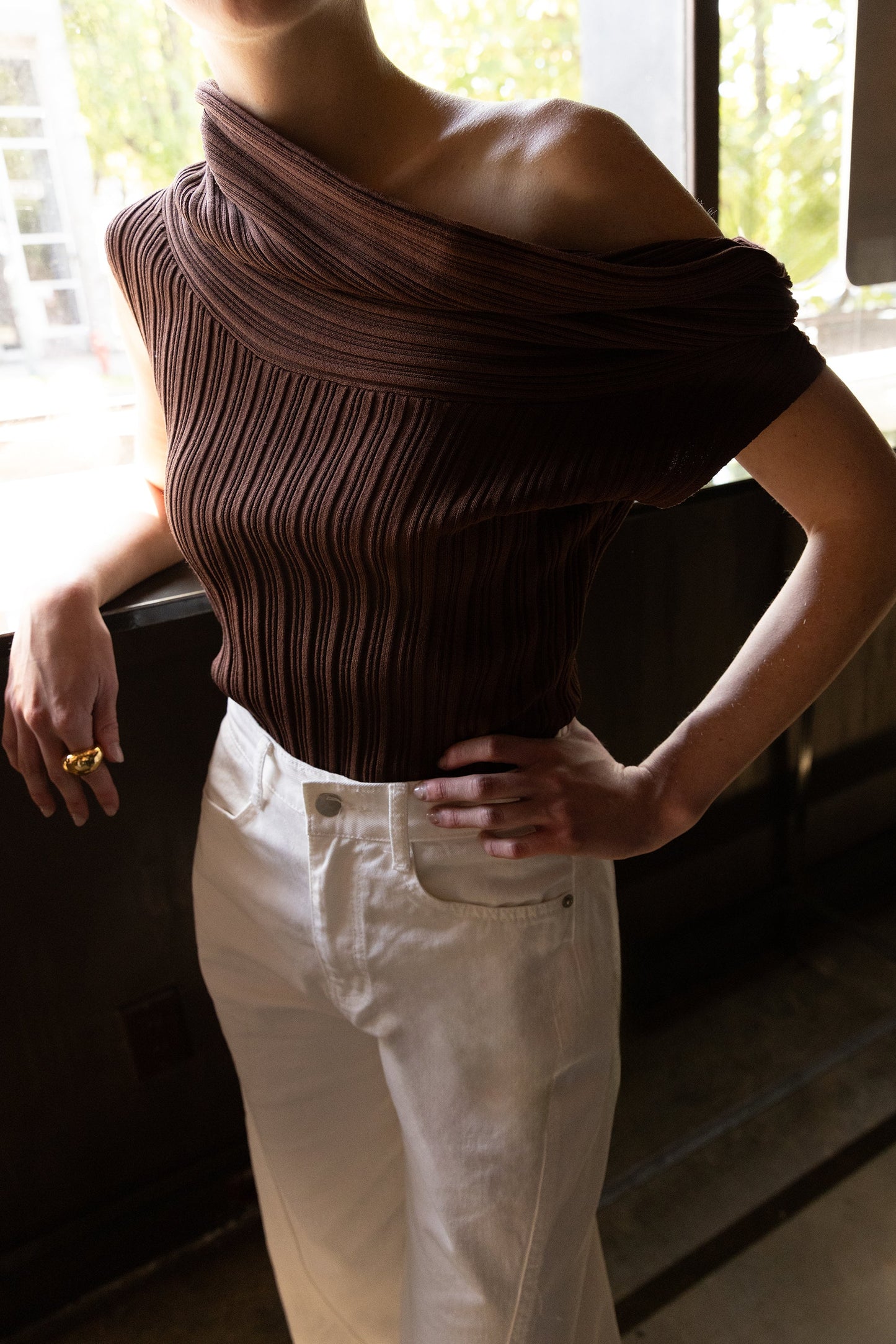 SHORT SLEEVE OFF THE SHOULDER KNIT SWEATER