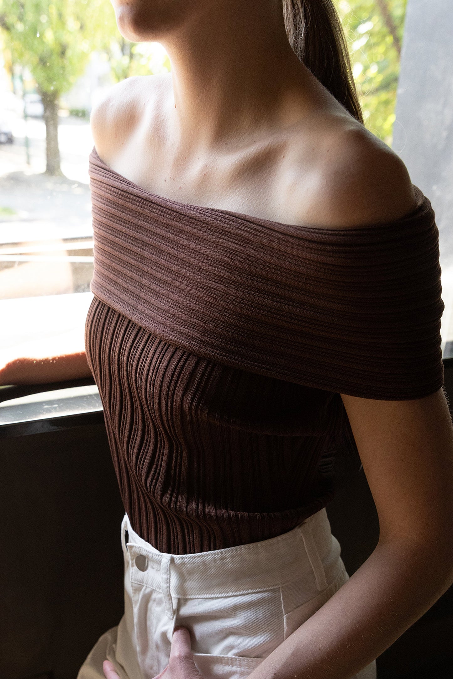 SHORT SLEEVE OFF THE SHOULDER KNIT SWEATER