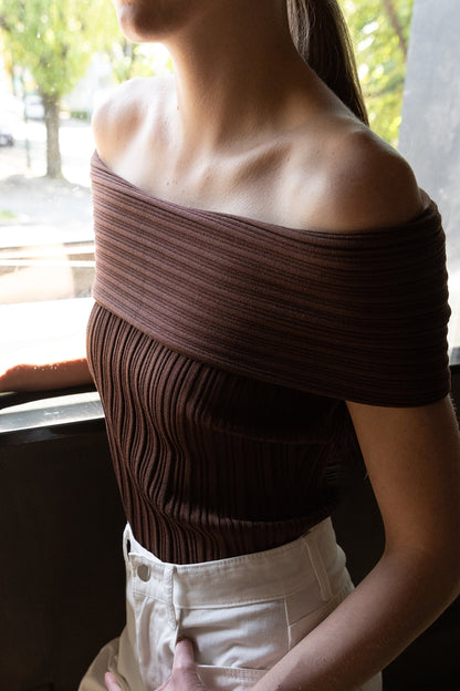 SHORT SLEEVE OFF THE SHOULDER KNIT SWEATER