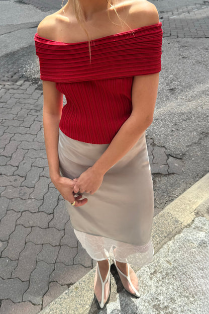 SHORT SLEEVE OFF THE SHOULDER KNIT SWEATER