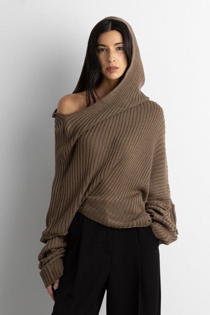 SLOUCHY OFF THE SHOULDER KNIT HOODIE