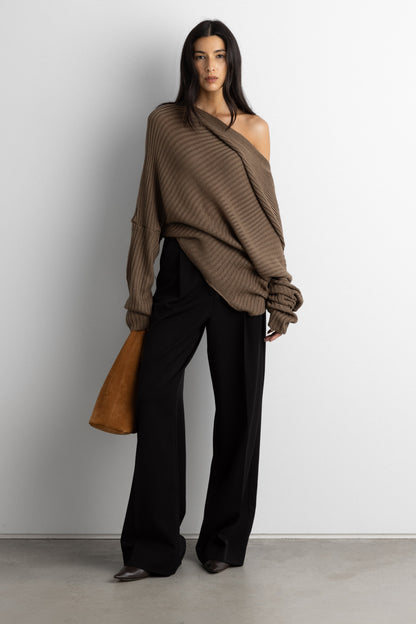 SLOUCHY OFF THE SHOULDER KNIT HOODIE