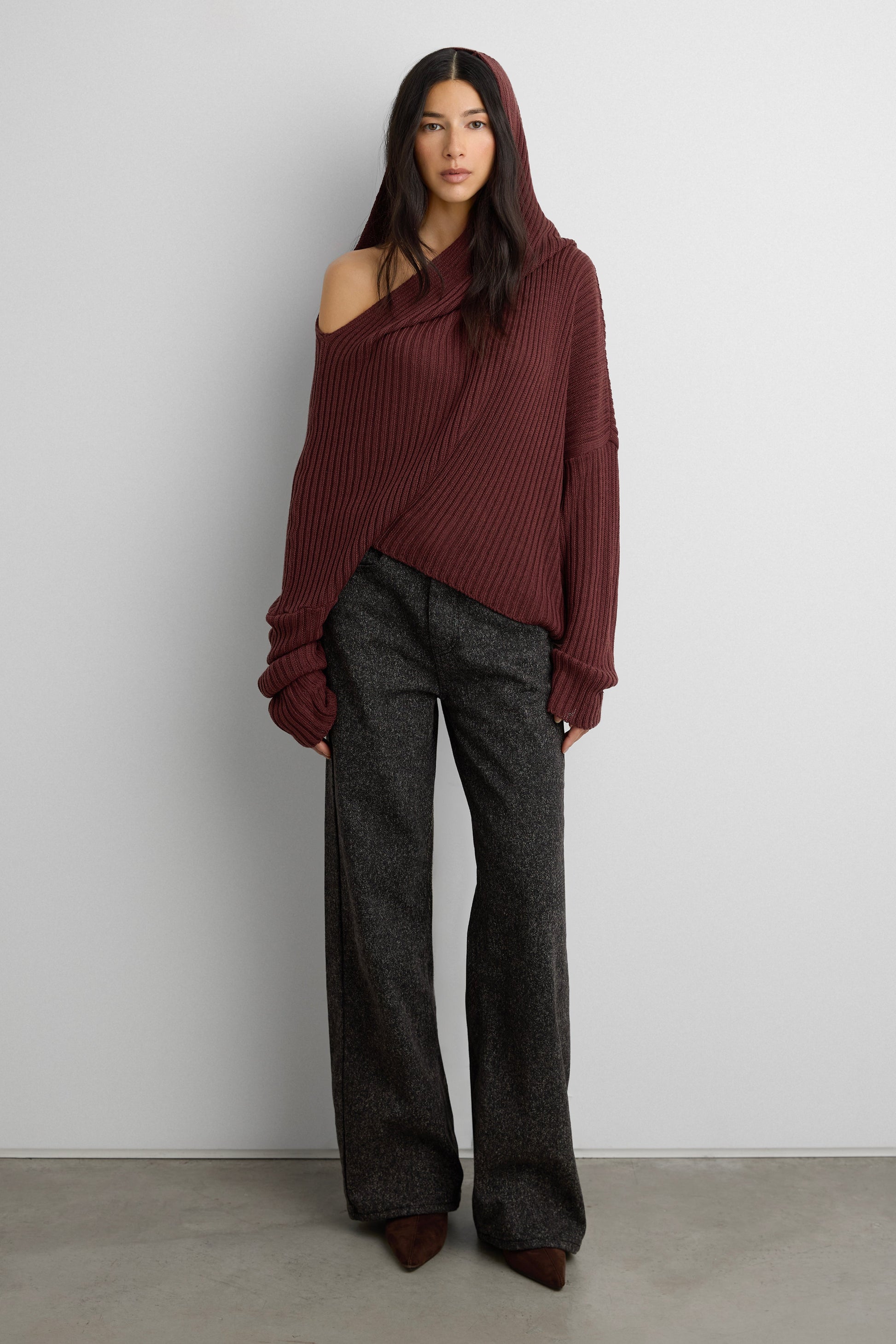 SLOUCHY OFF THE SHOULDER KNIT HOODIE