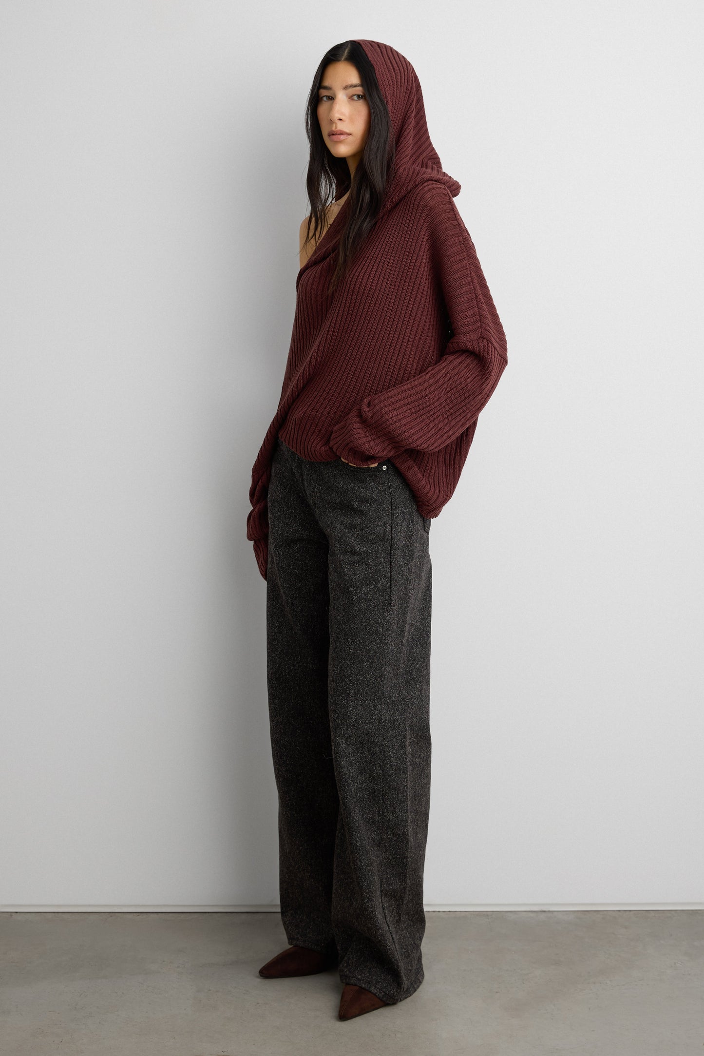 SLOUCHY OFF THE SHOULDER KNIT HOODIE