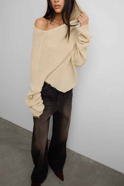SLOUCHY OFF THE SHOULDER KNIT HOODIE