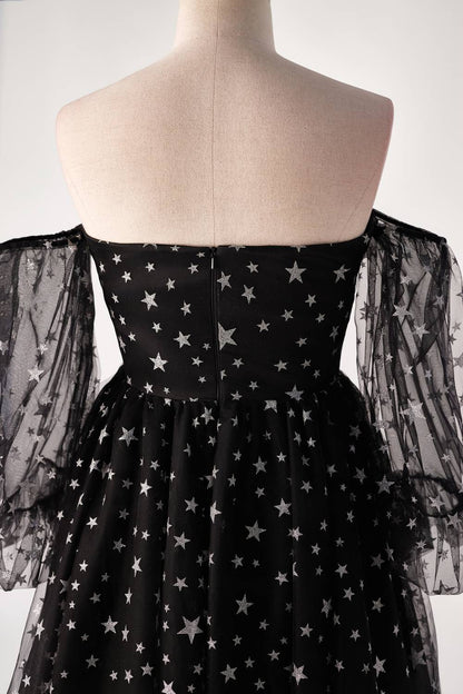 Sweetheart Black Stars Short Dress with Puff Sleeves