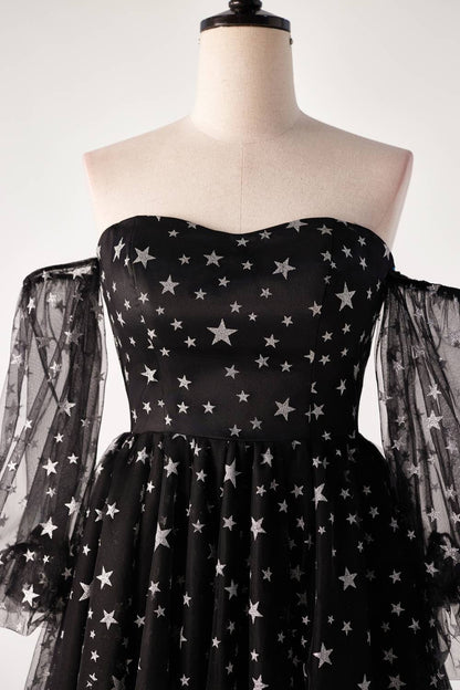 Sweetheart Black Stars Short Dress with Puff Sleeves