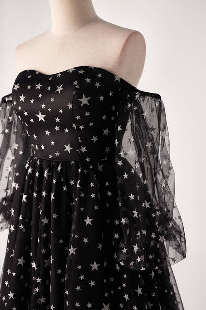Sweetheart Black Stars Short Dress with Puff Sleeves
