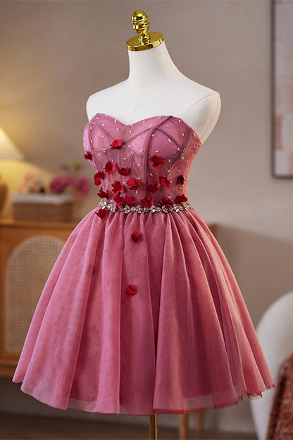 Sweetheart Burgundy 3D Floral Short Dress