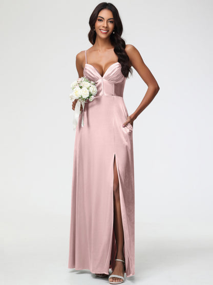 Satin Dusty Rose Bridesmaid Dresses Simple Spaghetti Straps Elegant V-Neck Floor Length Stretch Satin Bridesmaid Dress With Slit