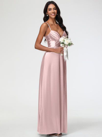 Satin Dusty Rose Bridesmaid Dresses Simple Spaghetti Straps Elegant V-Neck Floor Length Stretch Satin Bridesmaid Dress With Slit