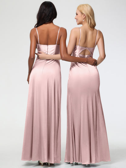 Satin Dusty Rose Bridesmaid Dresses Simple Spaghetti Straps Elegant V-Neck Floor Length Stretch Satin Bridesmaid Dress With Slit