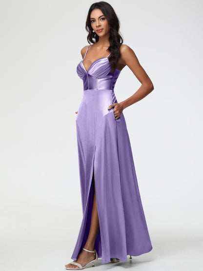 Tahiti Bridesmaid Dress Simple Spaghetti Straps Elegant V-Neck Floor Length Stretch Satin Bridesmaid Dress With Slit