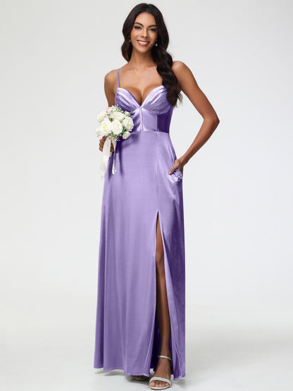 Tahiti Bridesmaid Dress Simple Spaghetti Straps Elegant V-Neck Floor Length Stretch Satin Bridesmaid Dress With Slit