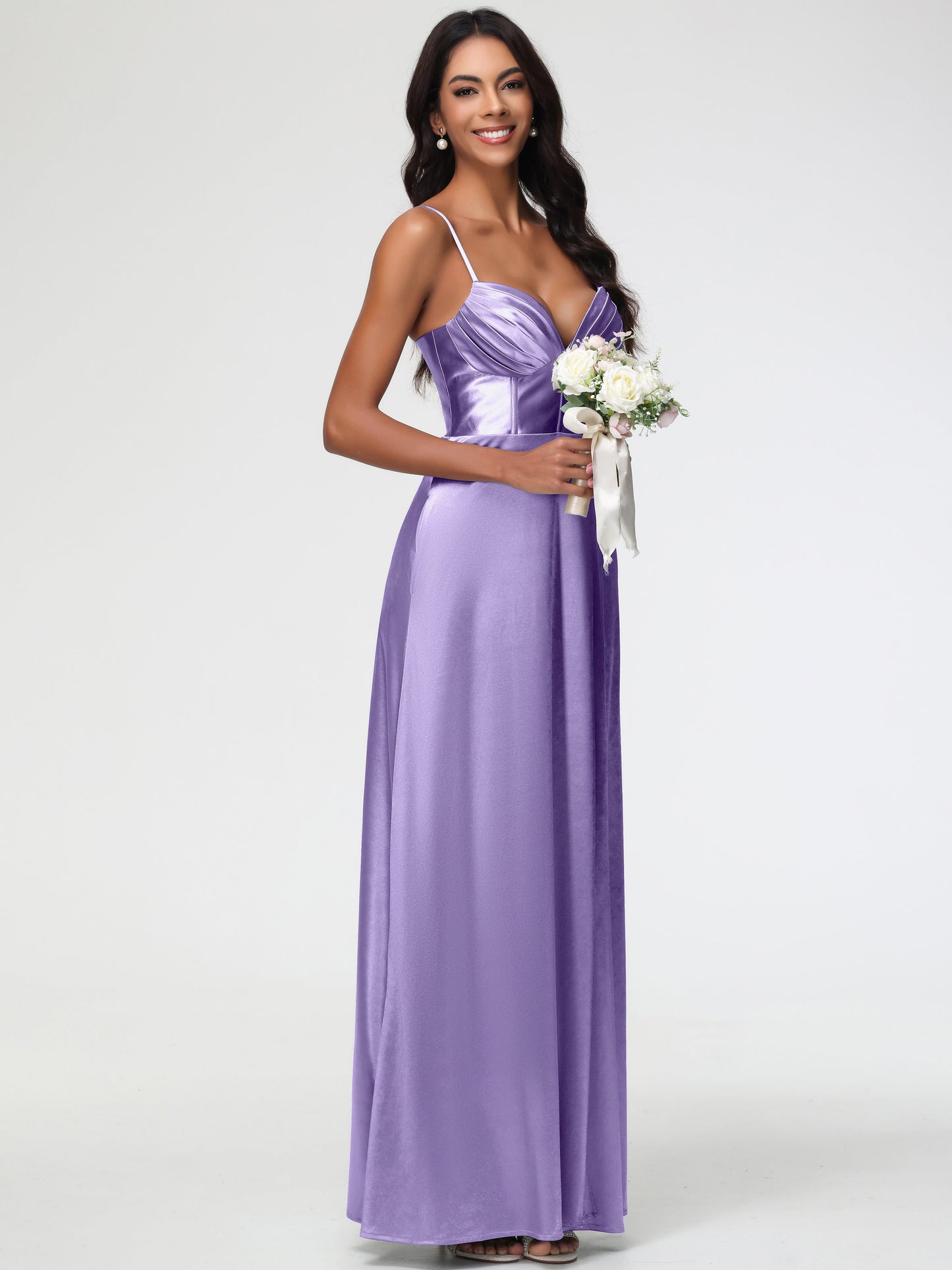 Tahiti Bridesmaid Dress Simple Spaghetti Straps Elegant V-Neck Floor Length Stretch Satin Bridesmaid Dress With Slit