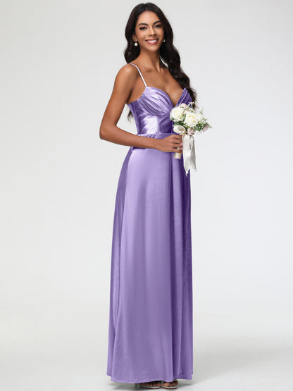 Tahiti Bridesmaid Dress Simple Spaghetti Straps Elegant V-Neck Floor Length Stretch Satin Bridesmaid Dress With Slit