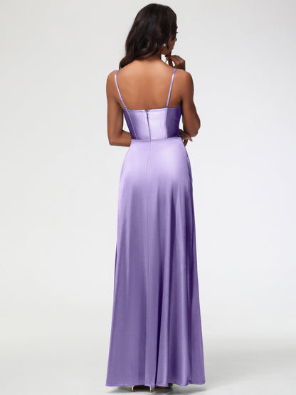 Tahiti Bridesmaid Dress Simple Spaghetti Straps Elegant V-Neck Floor Length Stretch Satin Bridesmaid Dress With Slit