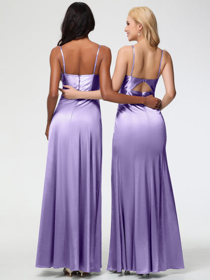 Tahiti Bridesmaid Dress Simple Spaghetti Straps Elegant V-Neck Floor Length Stretch Satin Bridesmaid Dress With Slit