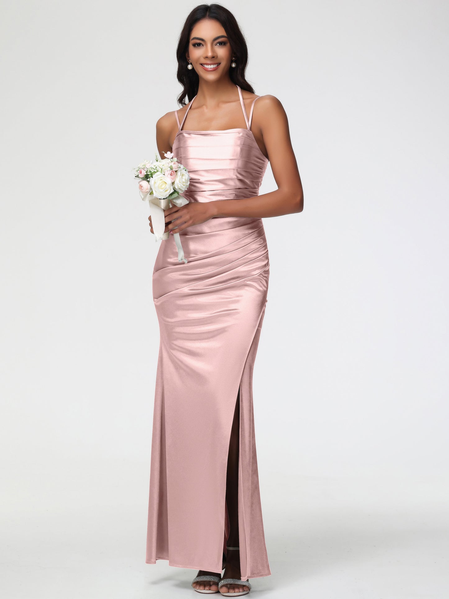 Dusty Rose Dress Bridesmaid Mermaid Stretch Satin Ruched Spaghetti Straps Lace-Up Back Bridesmaid Dress