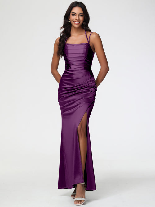 Grape Color Bridesmaid Dresses Mermaid Stretch Satin Ruched Spaghetti Straps Lace-Up Back Bridesmaid Dress