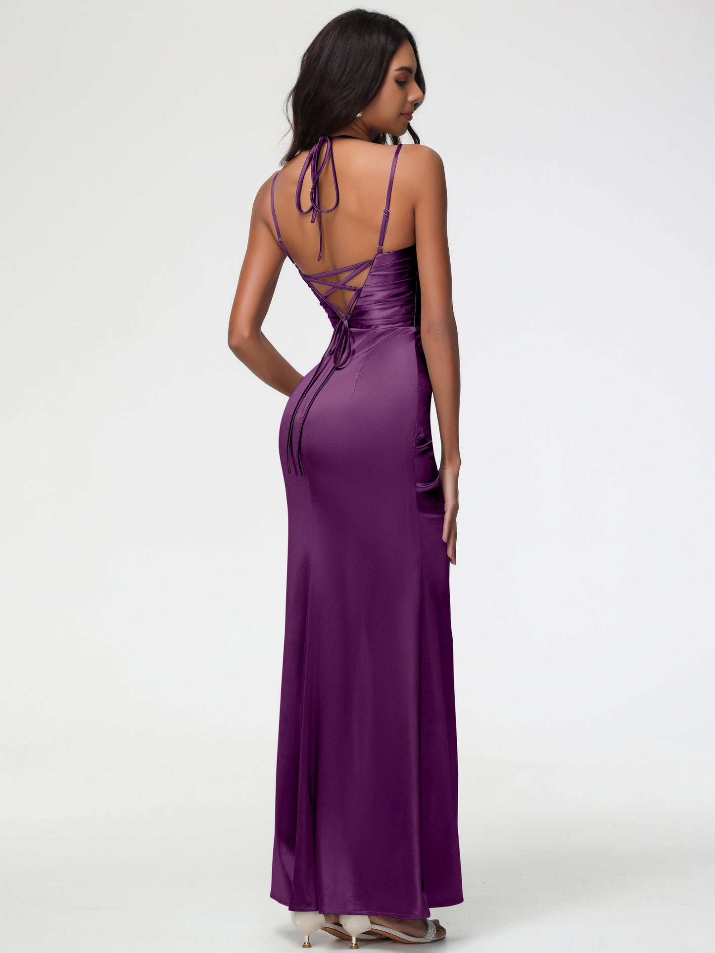 Grape Color Bridesmaid Dresses Mermaid Stretch Satin Ruched Spaghetti Straps Lace-Up Back Bridesmaid Dress