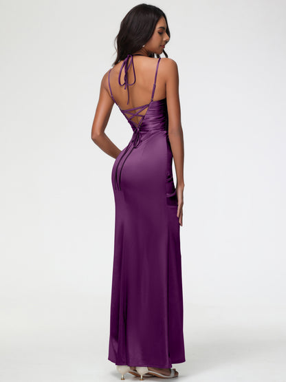 Grape Color Bridesmaid Dresses Mermaid Stretch Satin Ruched Spaghetti Straps Lace-Up Back Bridesmaid Dress