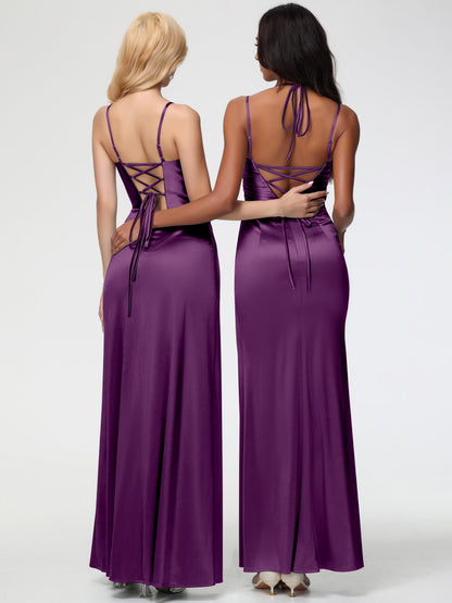 Grape Color Bridesmaid Dresses Mermaid Stretch Satin Ruched Spaghetti Straps Lace-Up Back Bridesmaid Dress