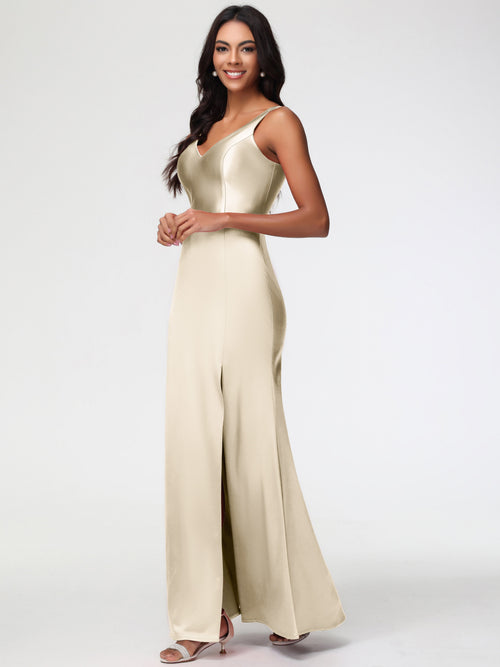 Bridesmaid Dress Champagne Colour Elegant Sleeveless Sheath/Column V-Neck Floor Length Stretch Satin Bridesmaid Dress