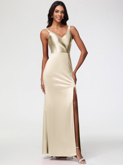 Bridesmaid Dress Champagne Colour Elegant Sleeveless Sheath/Column V-Neck Floor Length Stretch Satin Bridesmaid Dress