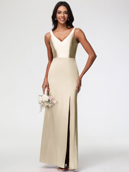 Bridesmaid Dress Champagne Colour Elegant Sleeveless Sheath/Column V-Neck Floor Length Stretch Satin Bridesmaid Dress