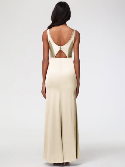 Bridesmaid Dress Champagne Colour Elegant Sleeveless Sheath/Column V-Neck Floor Length Stretch Satin Bridesmaid Dress