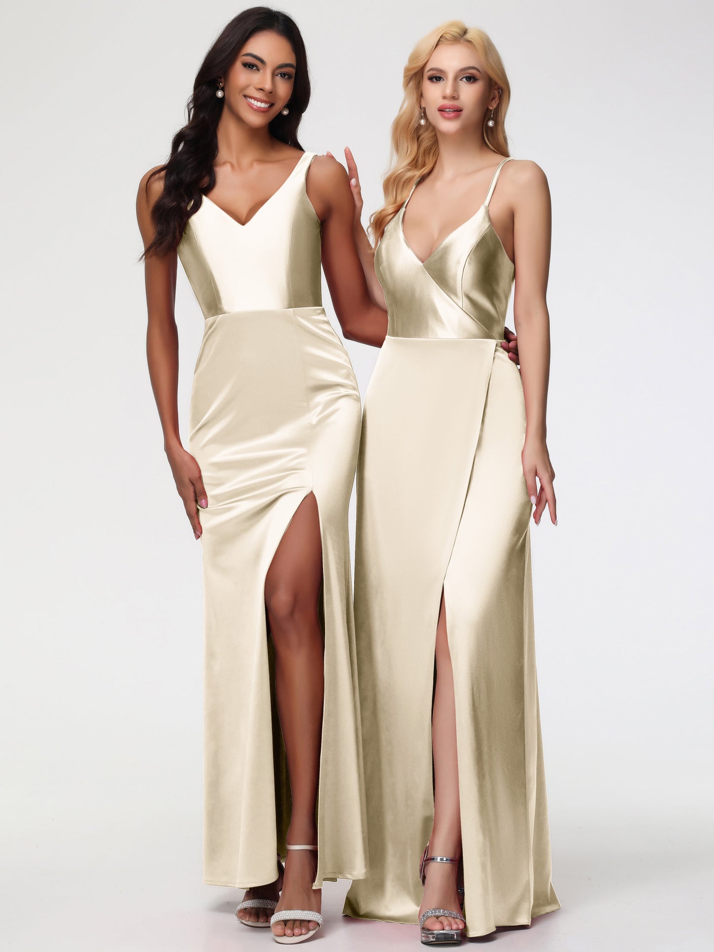 Bridesmaid Dress Champagne Colour Elegant Sleeveless Sheath/Column V-Neck Floor Length Stretch Satin Bridesmaid Dress