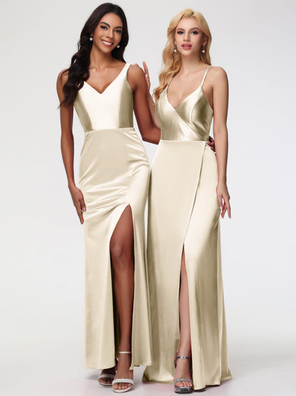 Bridesmaid Dress Champagne Colour Elegant Sleeveless Sheath/Column V-Neck Floor Length Stretch Satin Bridesmaid Dress