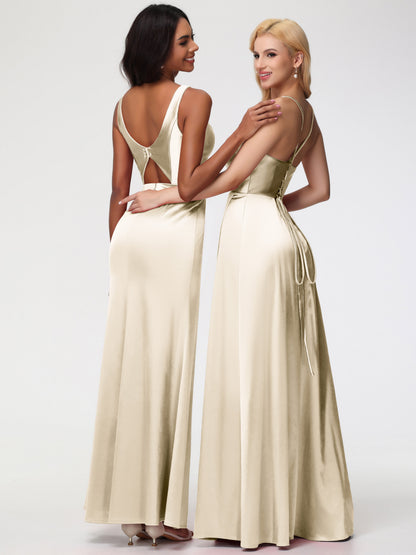 Bridesmaid Dress Champagne Colour Elegant Sleeveless Sheath/Column V-Neck Floor Length Stretch Satin Bridesmaid Dress